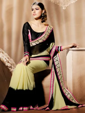 Black & Lemon Yellow Designer Saree with Blouse, Georgette Sari