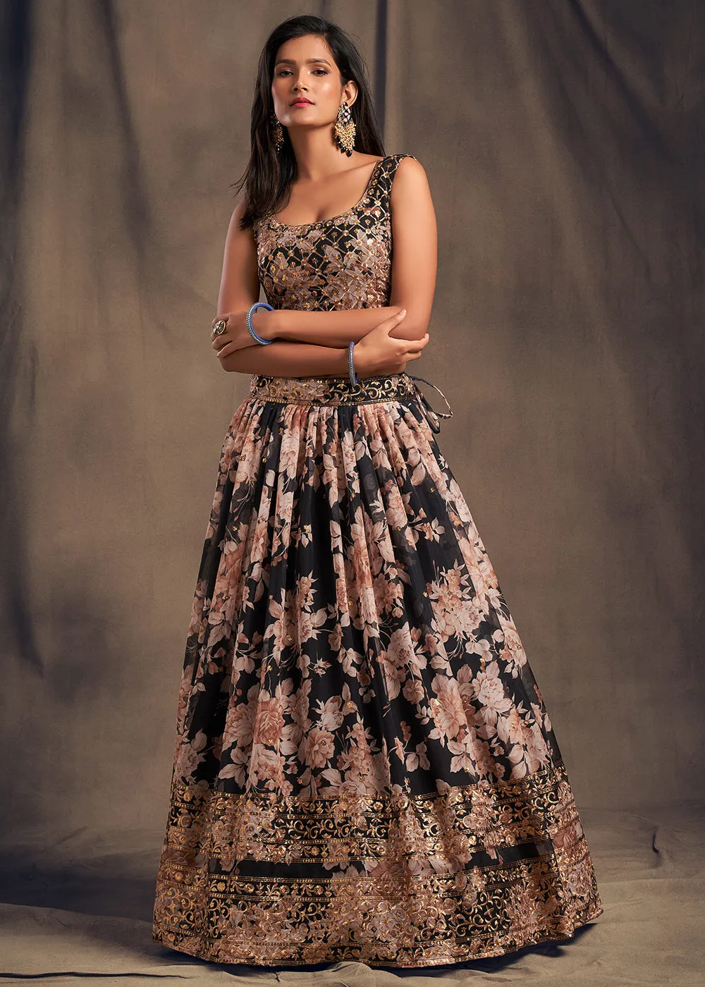 Black Floral Embroidered Organza Wedding Lehenga Choli