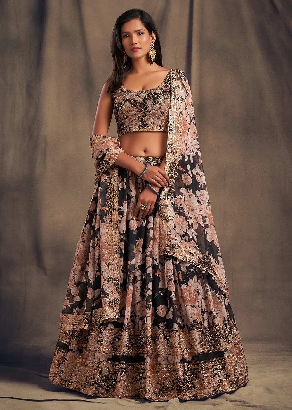 Black Floral Embroidered Organza Wedding Lehenga Choli