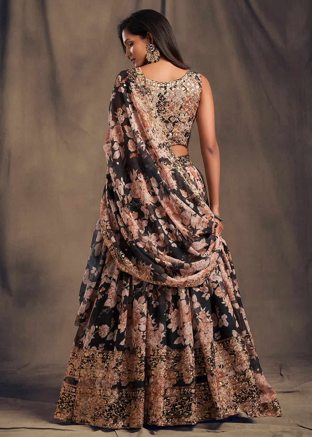 Black Floral Embroidered Organza Wedding Lehenga Choli