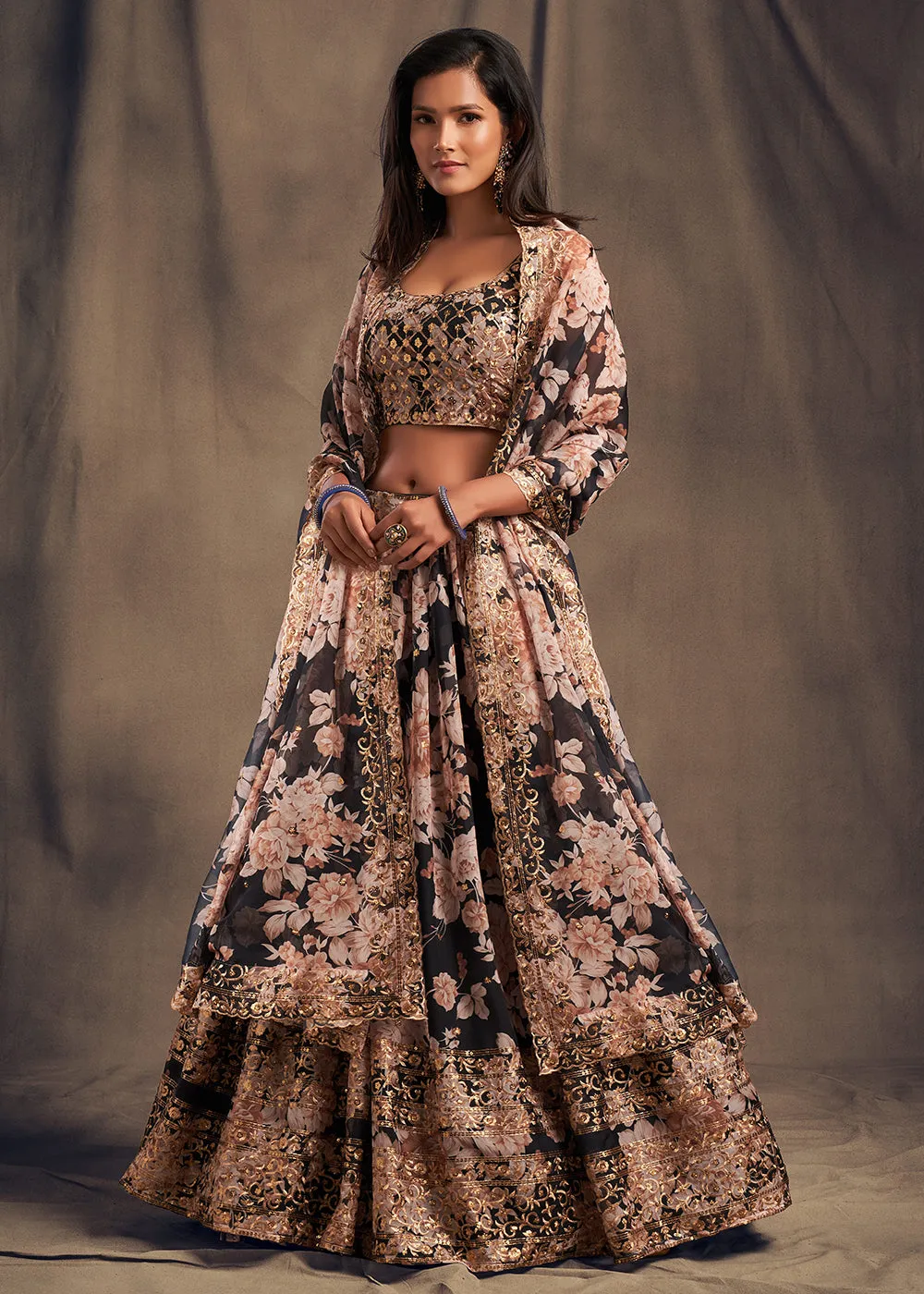 Black Floral Embroidered Organza Wedding Lehenga Choli