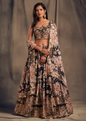 Black Floral Embroidered Organza Wedding Lehenga Choli