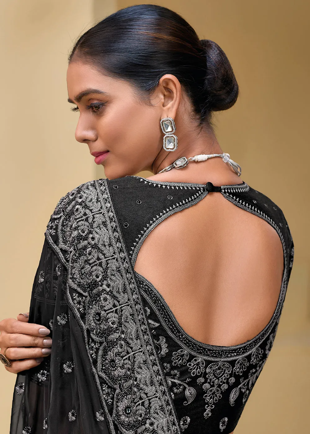 Black Grey Banarasi Silk Embroidered Designer Saree