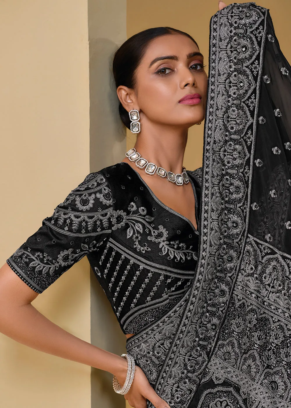 Black Grey Banarasi Silk Embroidered Designer Saree