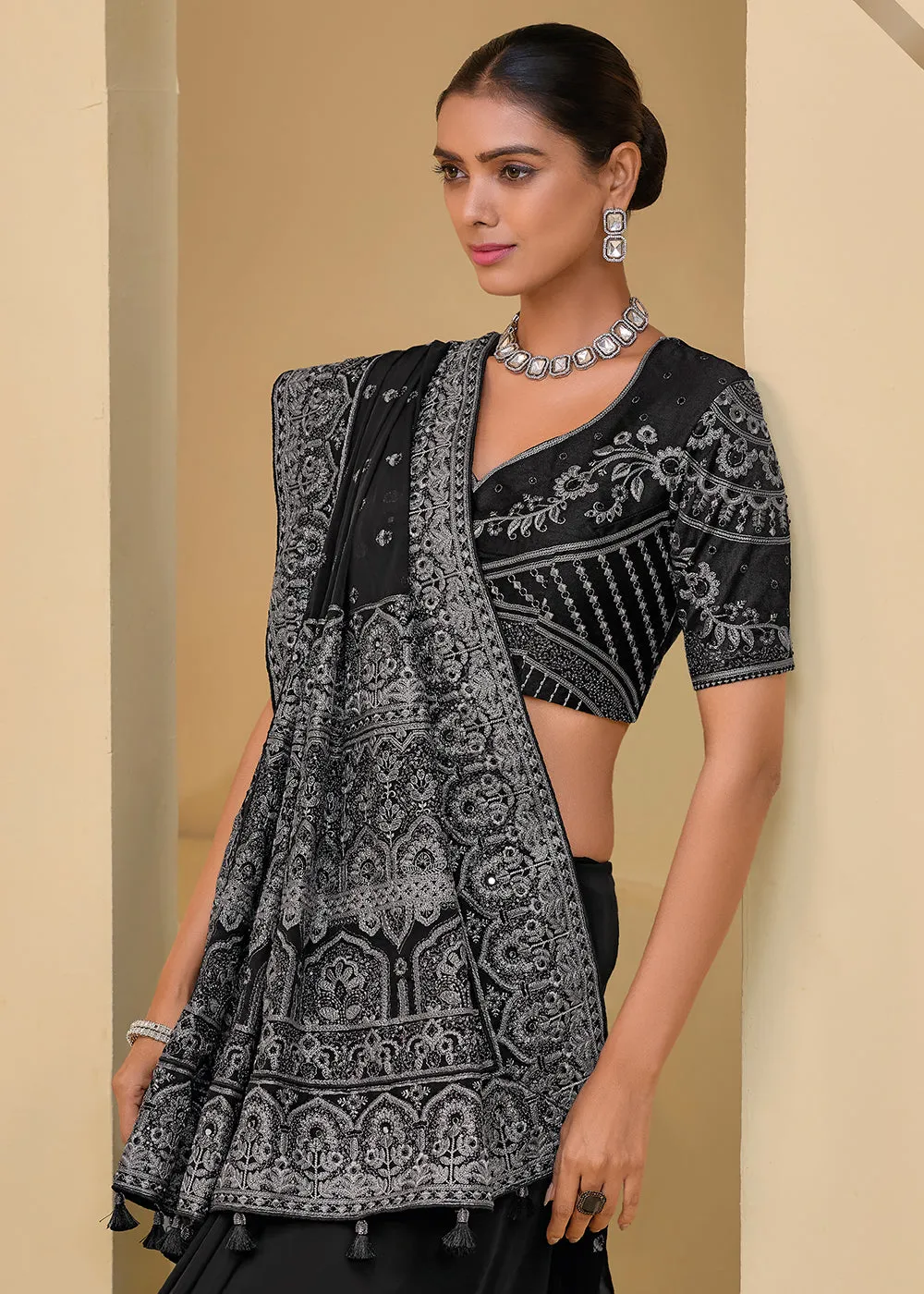 Black Grey Banarasi Silk Embroidered Designer Saree