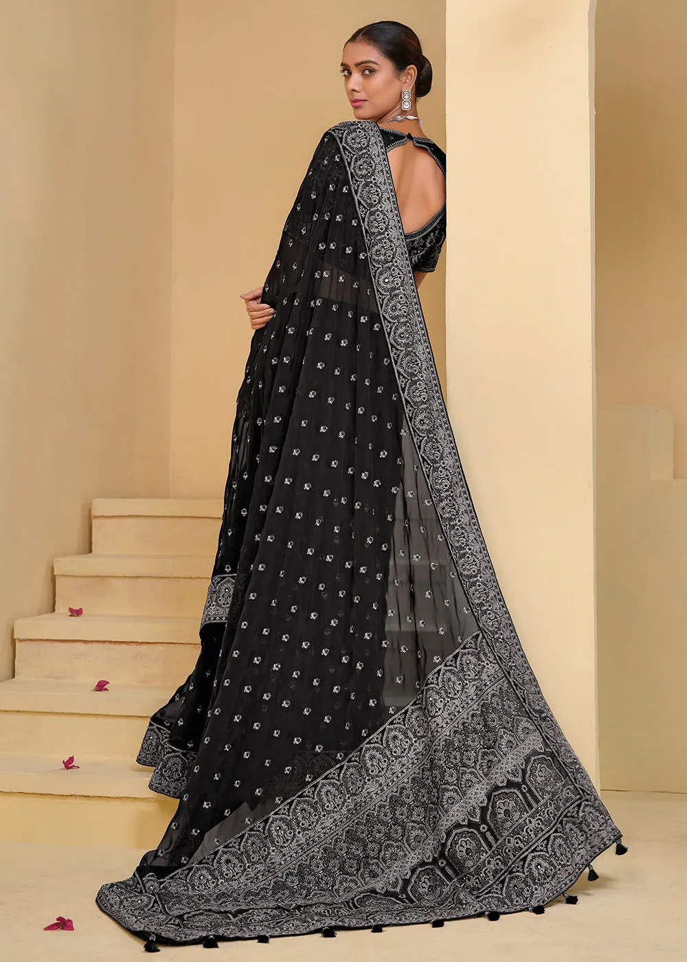 Black Grey Banarasi Silk Embroidered Designer Saree