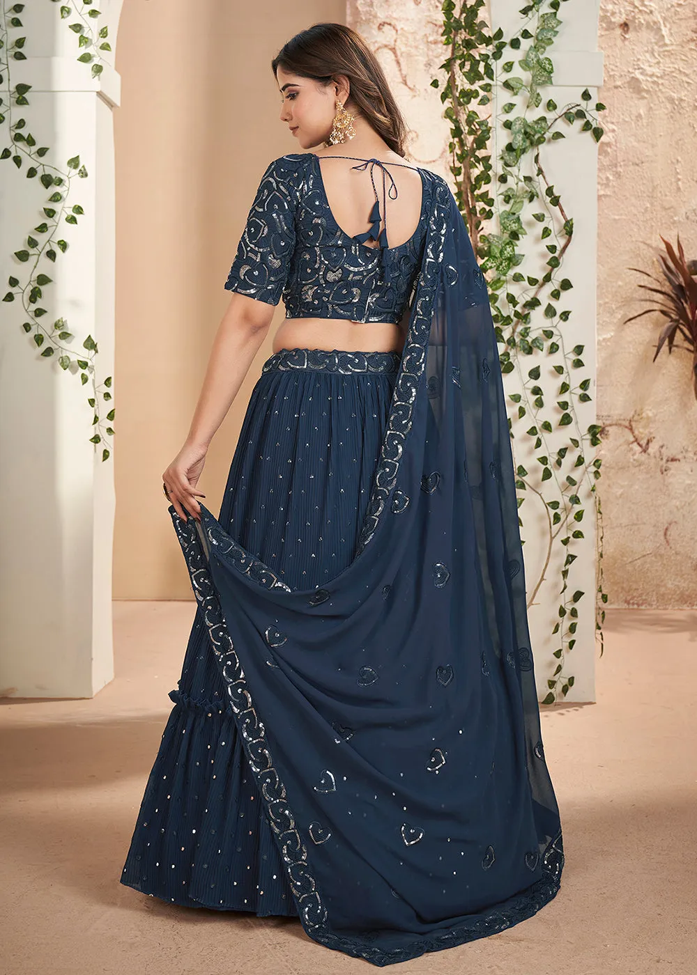 Blue Thread & Sequins Wedding Party Lehenga Choli