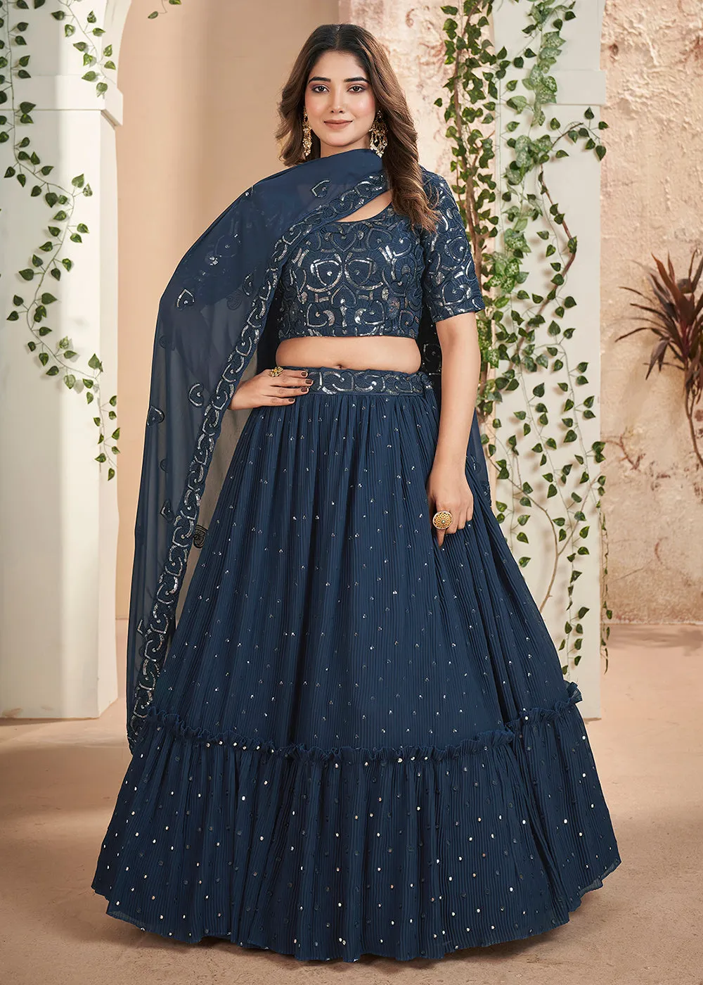 Blue Thread & Sequins Wedding Party Lehenga Choli