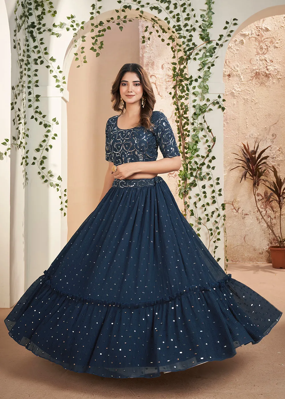 Blue Thread & Sequins Wedding Party Lehenga Choli