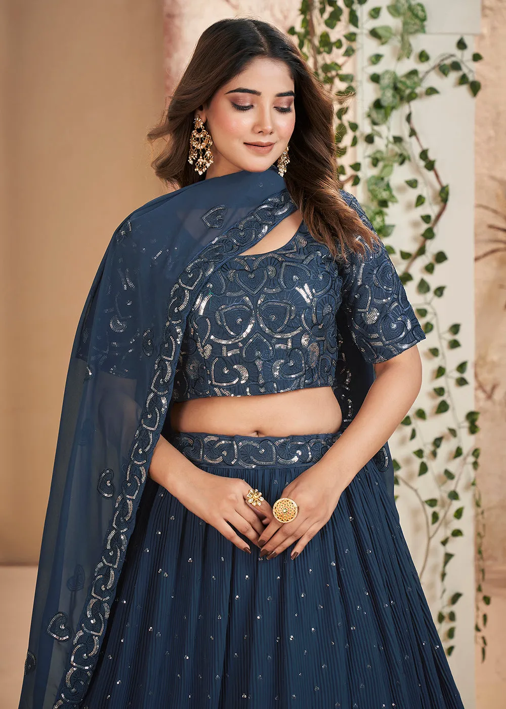 Blue Thread & Sequins Wedding Party Lehenga Choli