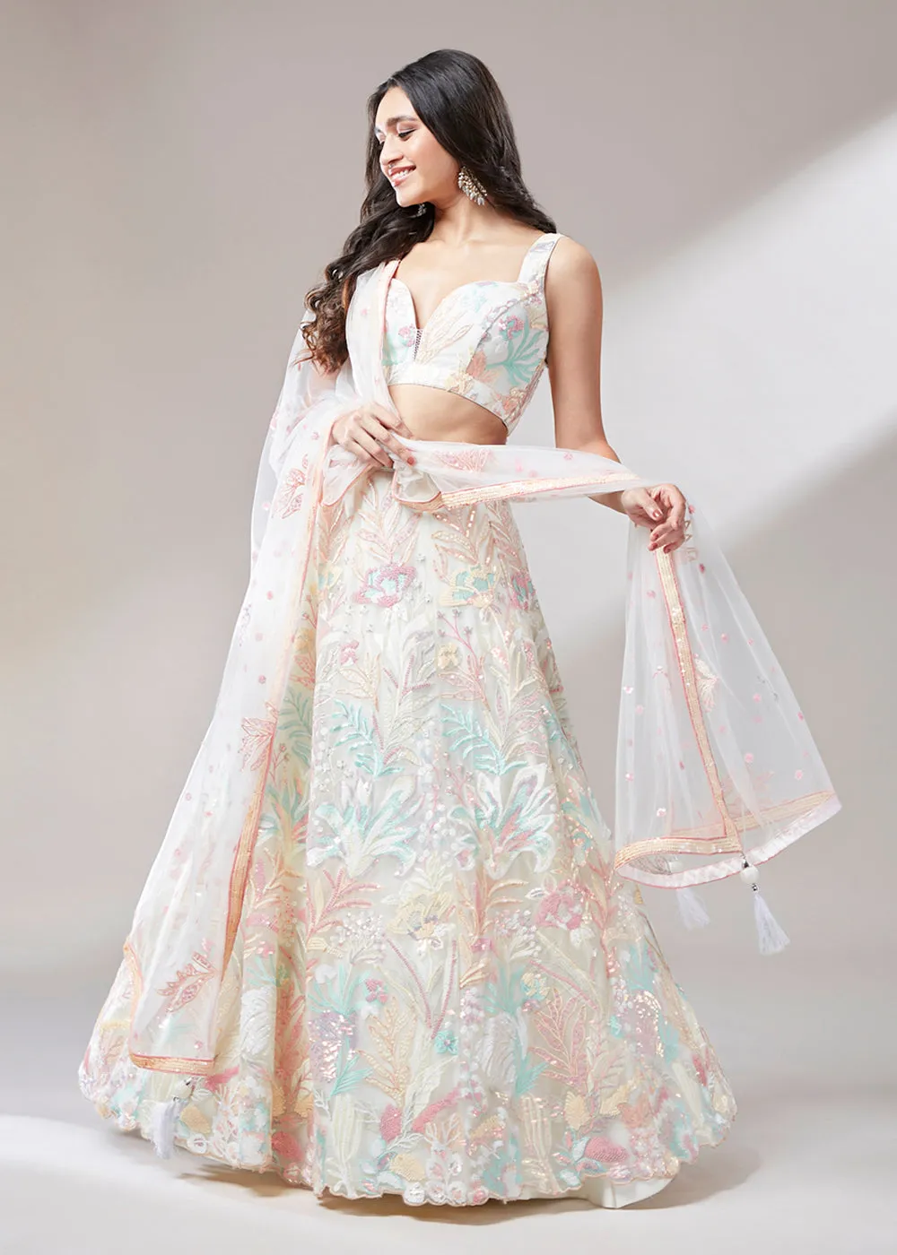 Cream Sequinned Embroidered Bridesmaid Lehenga Choli