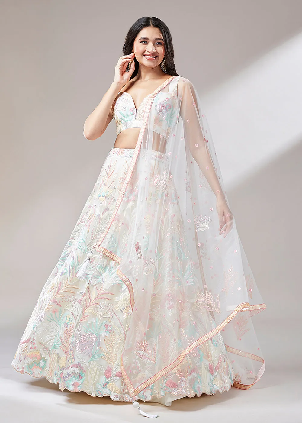 Cream Sequinned Embroidered Bridesmaid Lehenga Choli