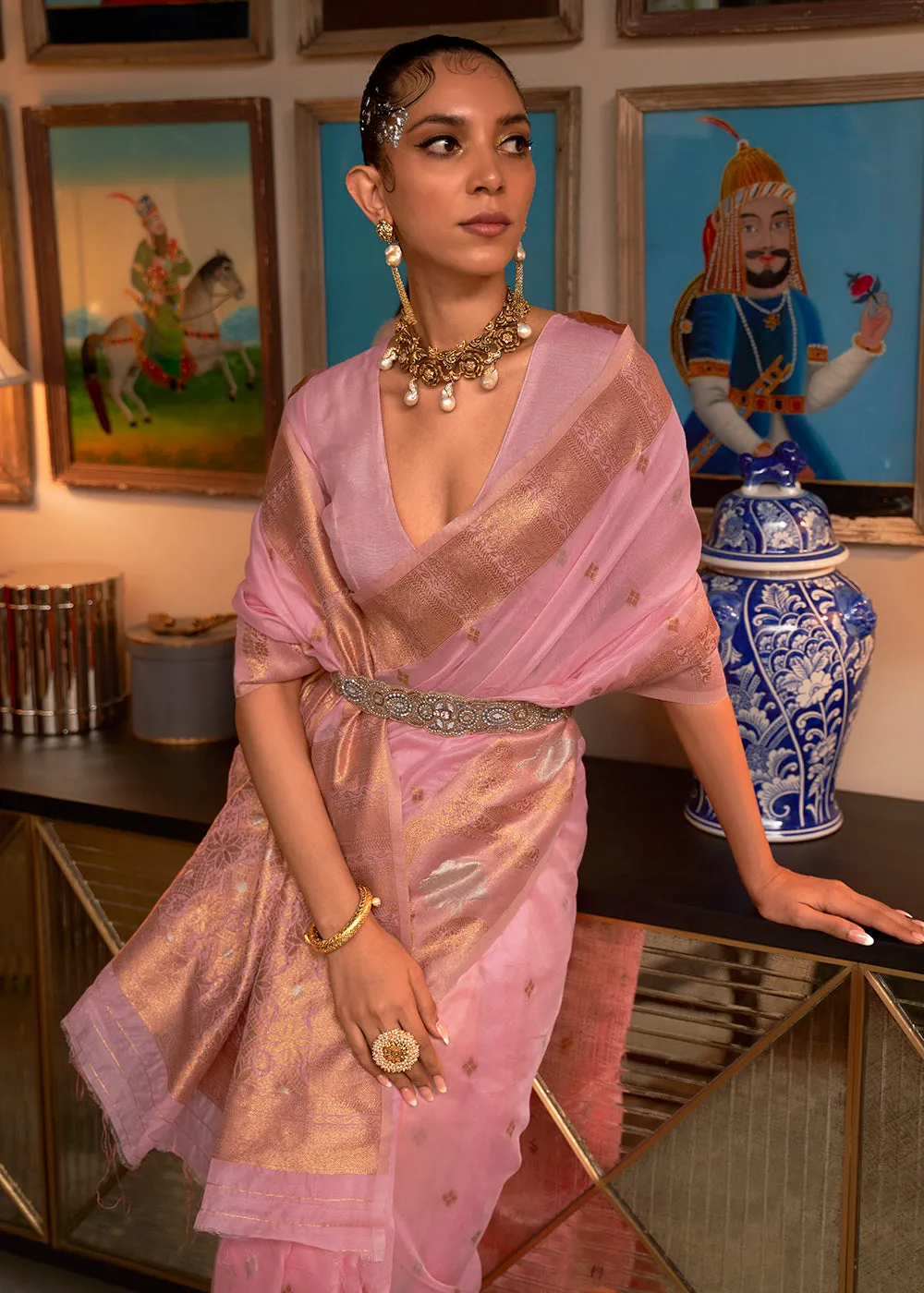 Crystal Pink Blended Woven Zari Organza Silk Saree