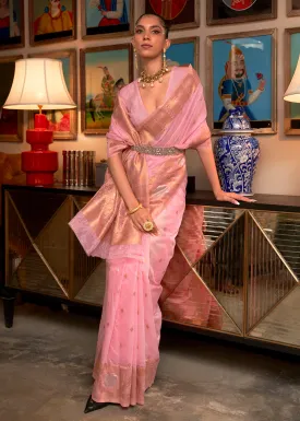 Crystal Pink Blended Woven Zari Organza Silk Saree