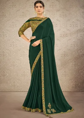 Deep Green Digital Print Satin Silk Designer Saree