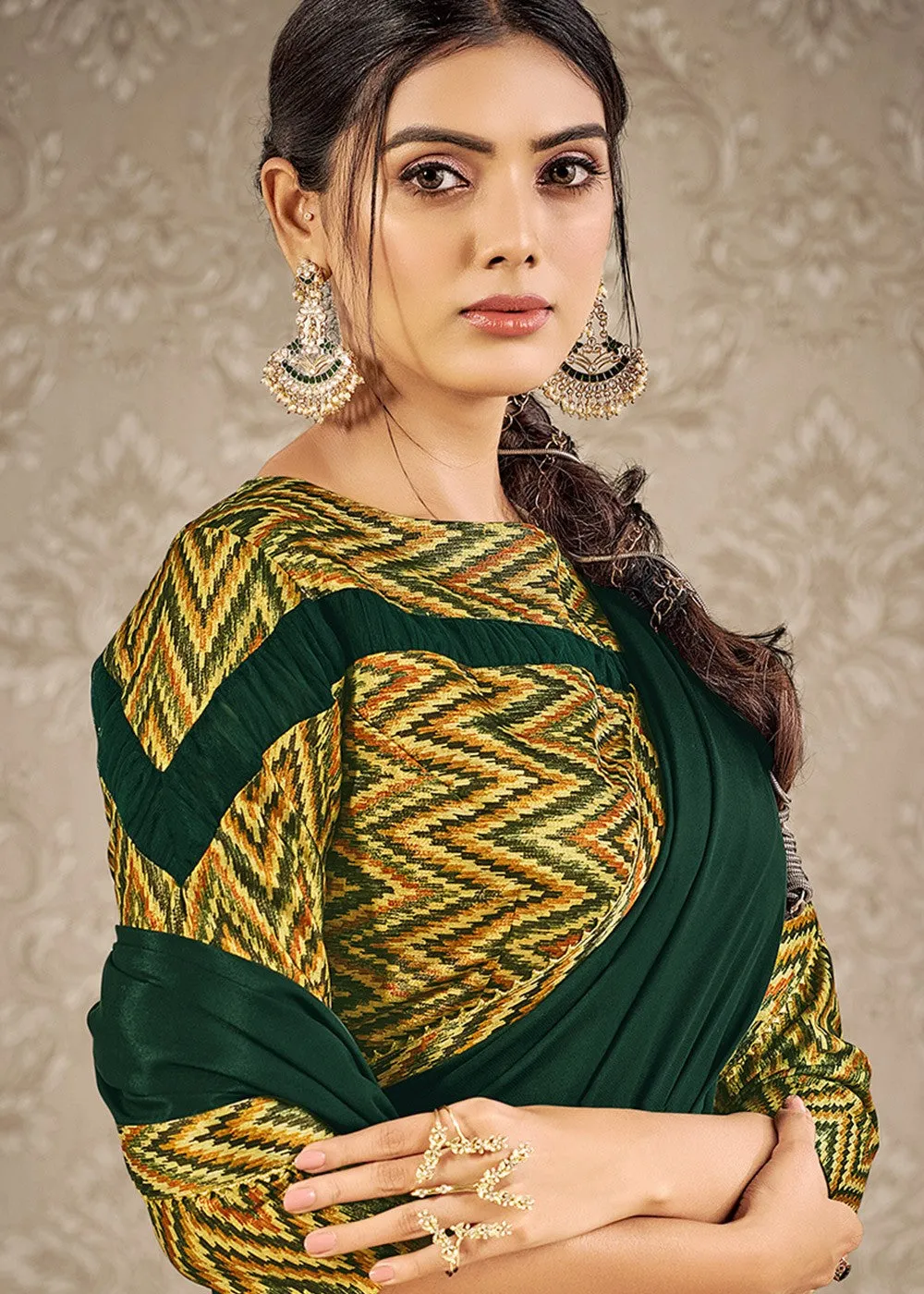 Deep Green Digital Print Satin Silk Designer Saree