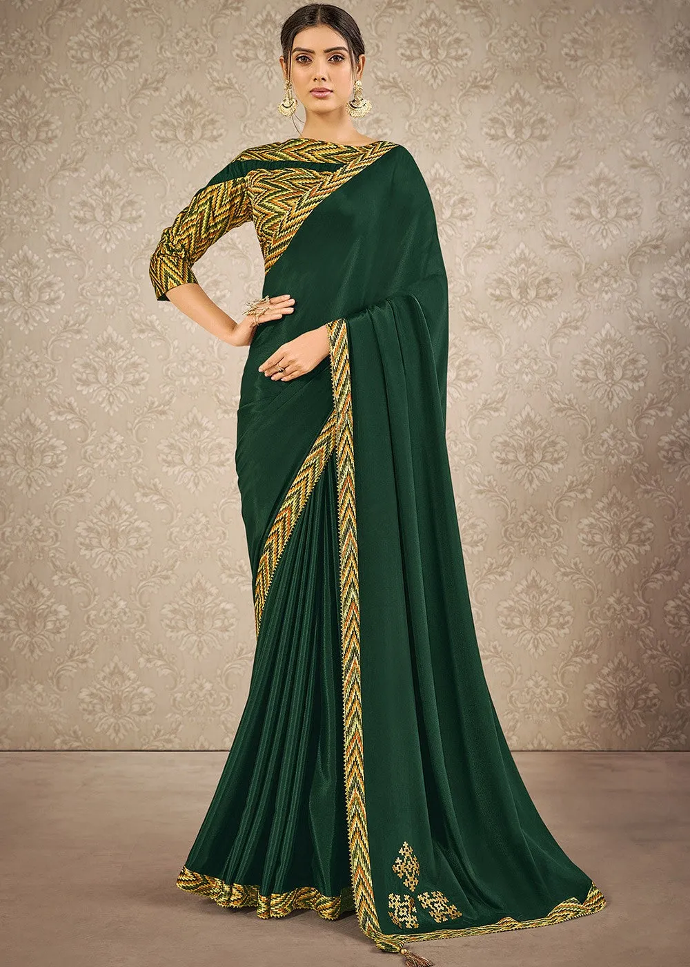 Deep Green Digital Print Satin Silk Designer Saree