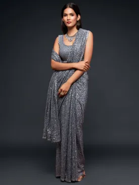 Fully Sequined Steel Grey Georgette Designer Saree
