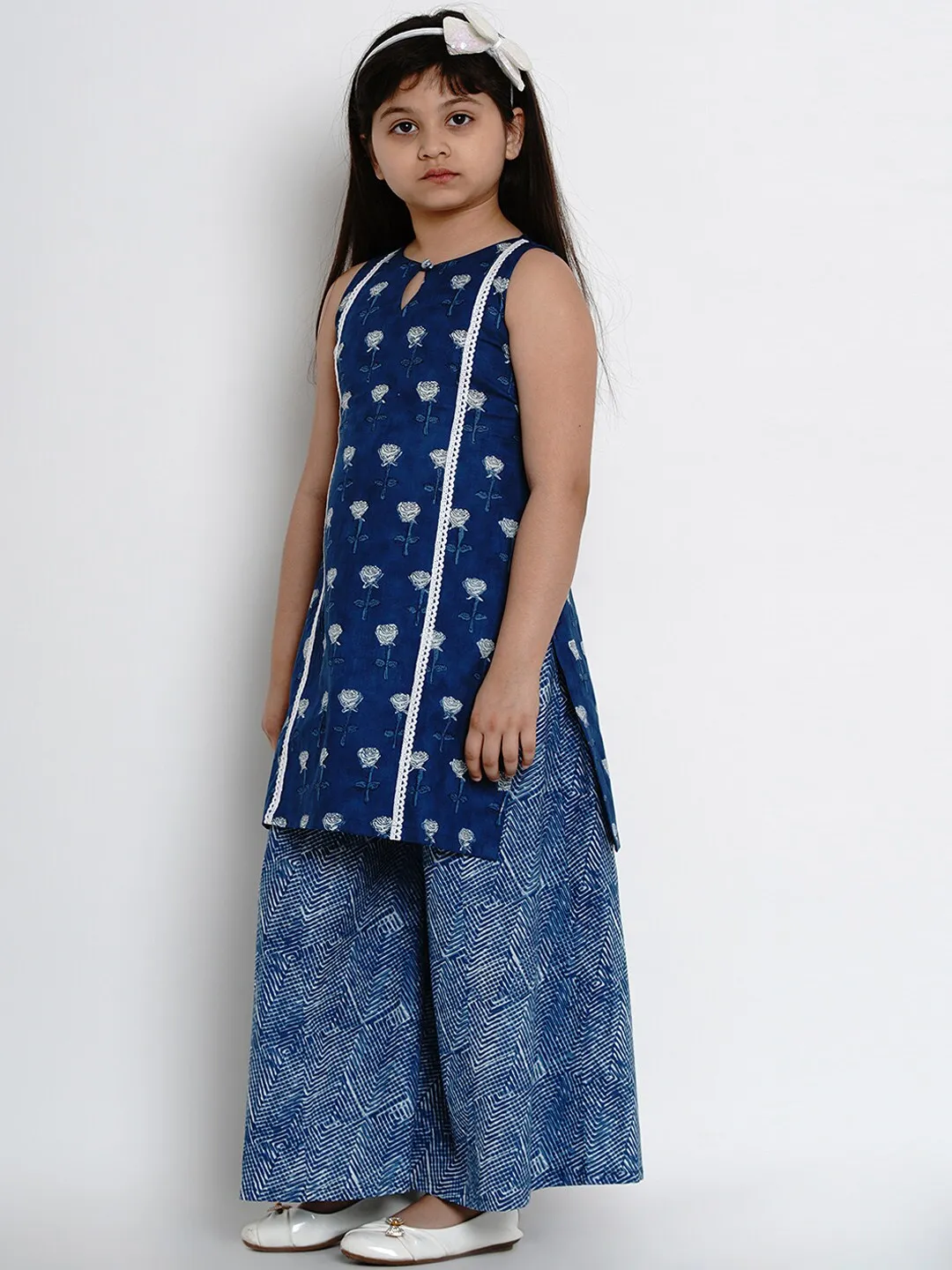 Girl's Navy Blue Printed Kurta & Palazzo Set  - NOZ2TOZ KIDS
