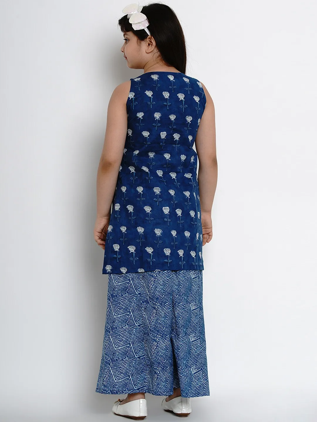 Girl's Navy Blue Printed Kurta & Palazzo Set  - NOZ2TOZ KIDS