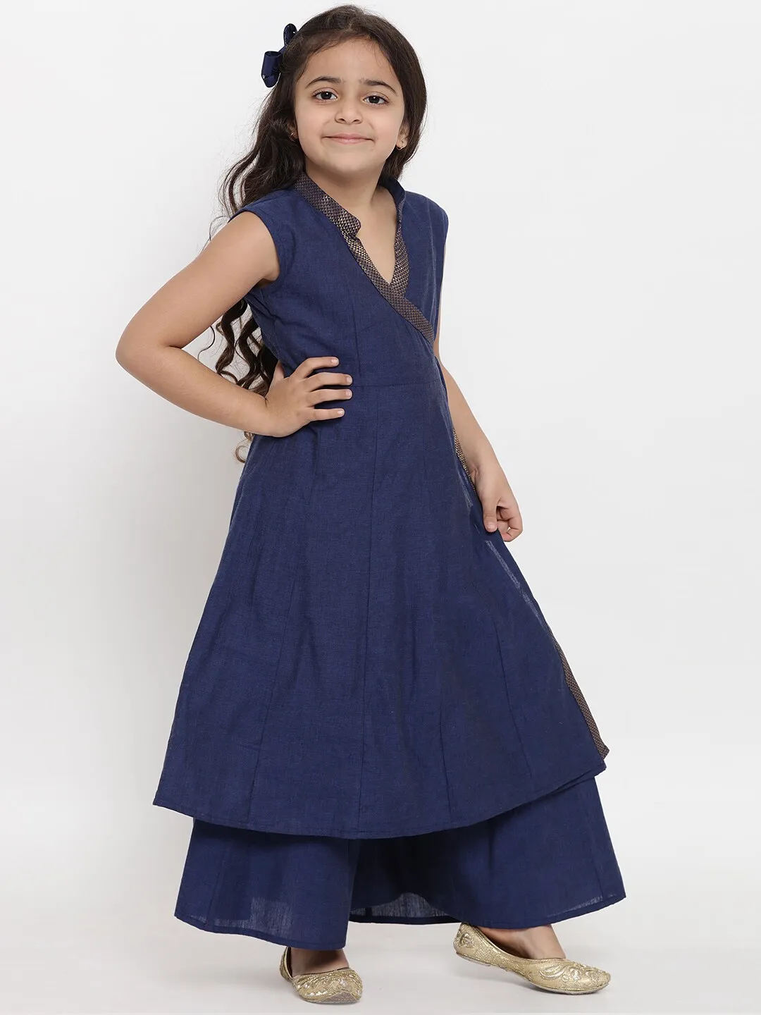 Girl's Navy Blue Self Design Kurta & Palazzo Set  - NOZ2TOZ KIDS