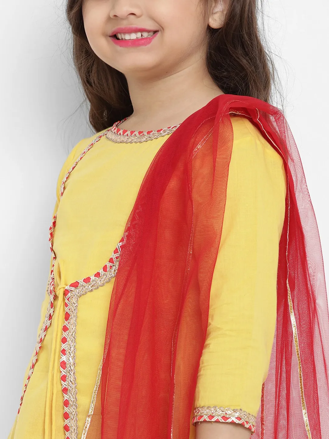 Girl's Yellow & Red Solid Kurta & Pyjama Set with Dupatta  - NOZ2TOZ KIDS