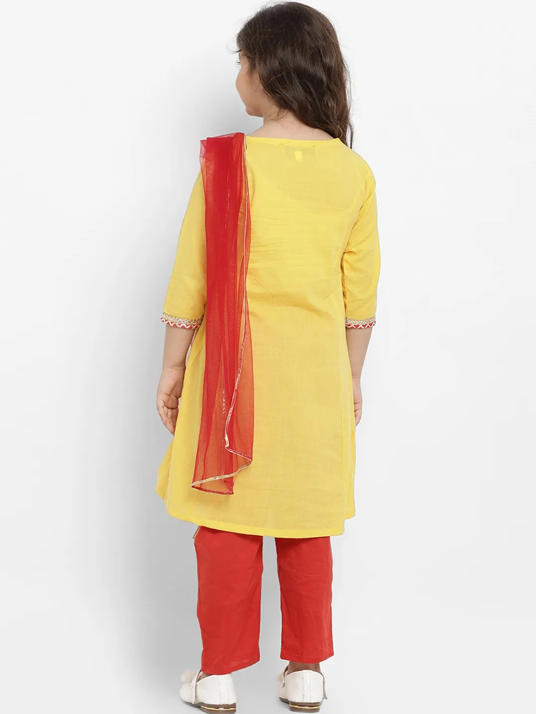 Girl's Yellow & Red Solid Kurta & Pyjama Set with Dupatta  - NOZ2TOZ KIDS