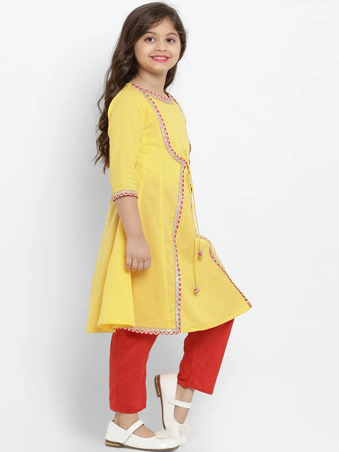 Girl's Yellow & Red Solid Kurta & Pyjama Set with Dupatta  - NOZ2TOZ KIDS