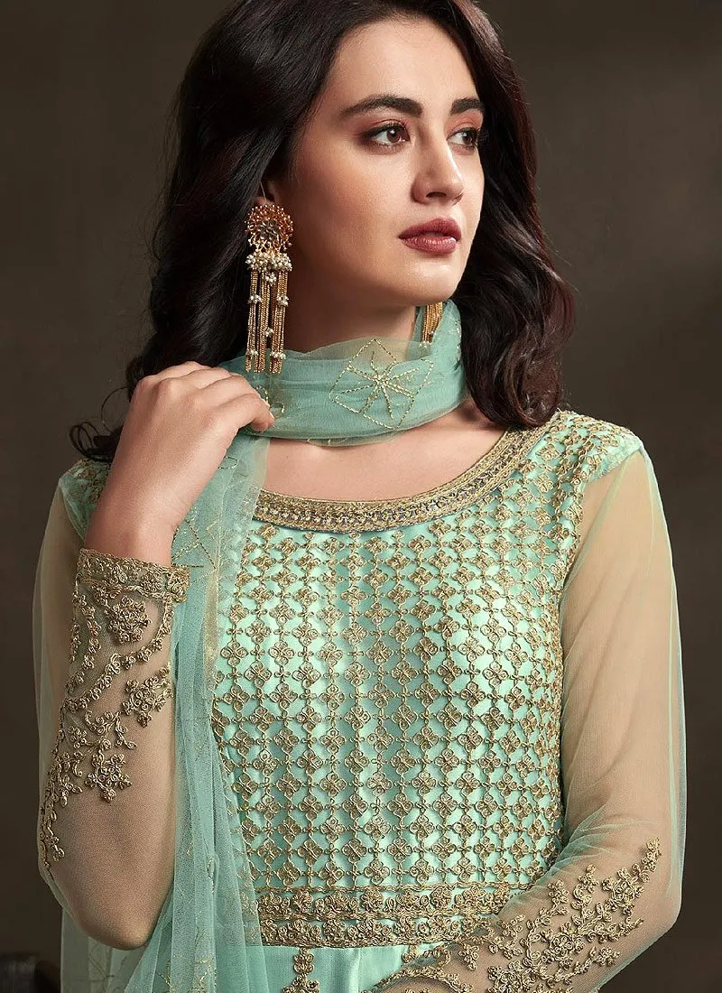 Gorgeous Teal Detailed Embroidered Designer Anarkali Suit
