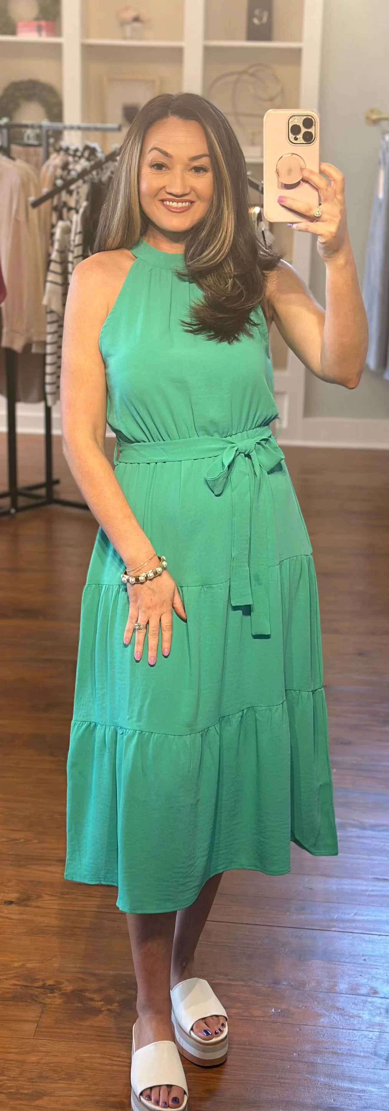 Halter Neck Belted Tiered Ruffle Midi Dress