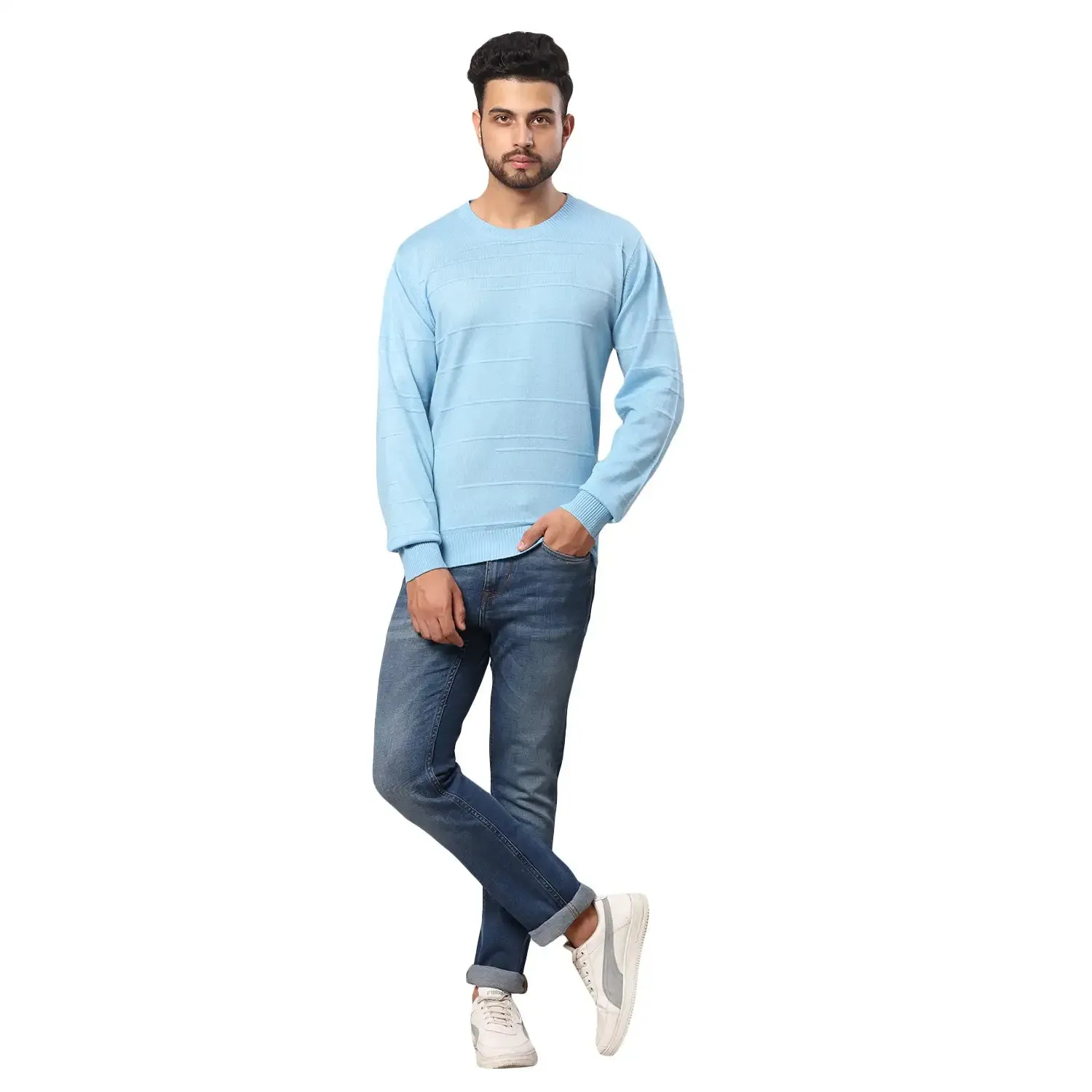 Men Blue Structure Cable Acrylic Wool Blend Full Sleeve V Neck Collar Sweaters