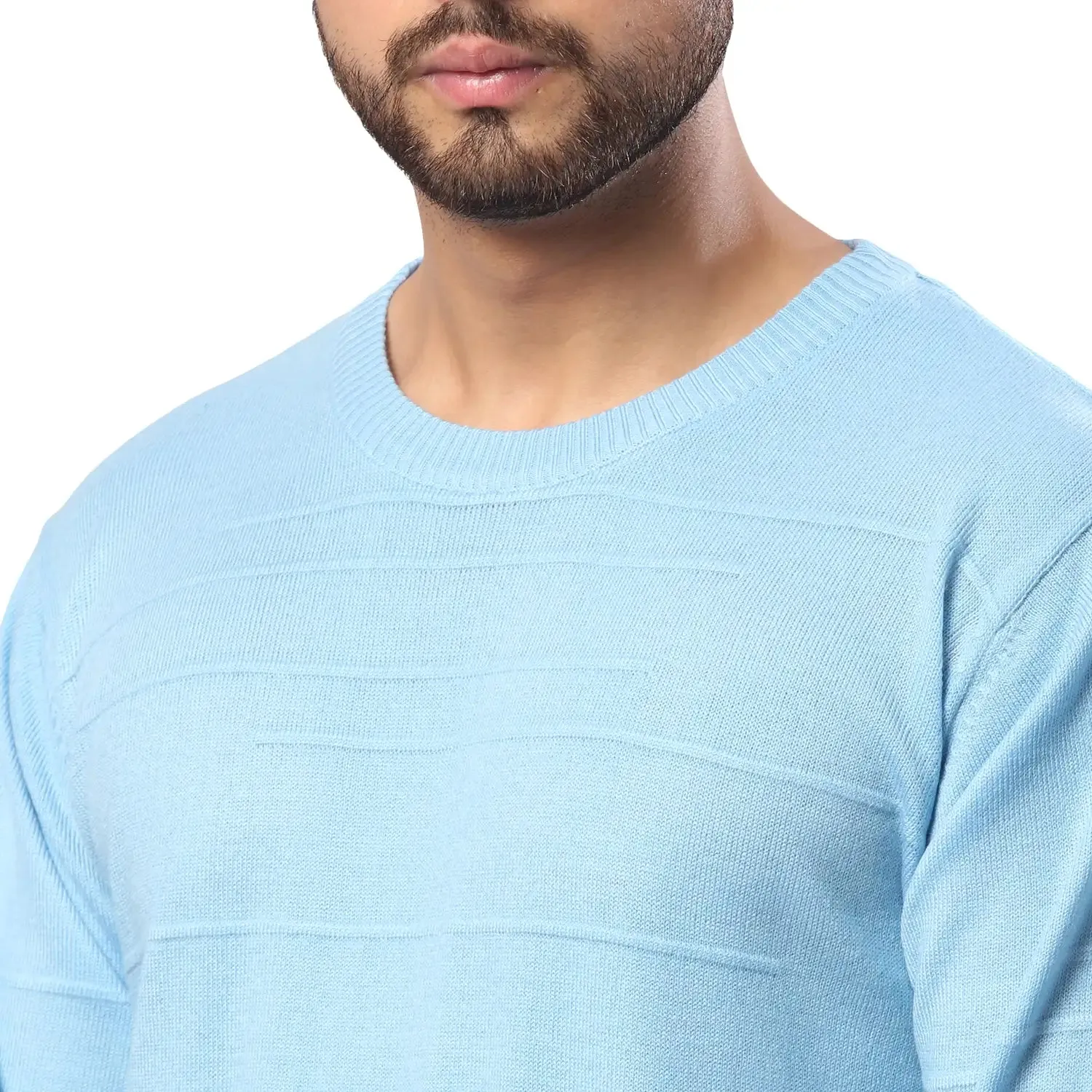 Men Blue Structure Cable Acrylic Wool Blend Full Sleeve V Neck Collar Sweaters