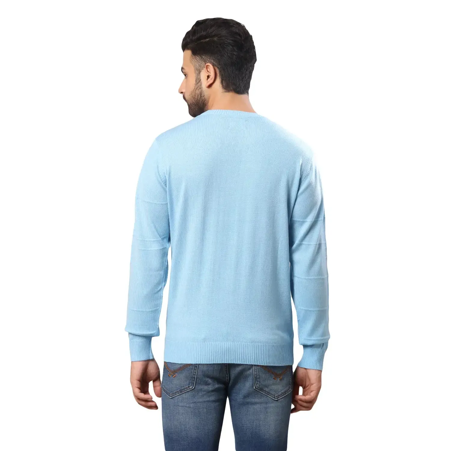 Men Blue Structure Cable Acrylic Wool Blend Full Sleeve V Neck Collar Sweaters