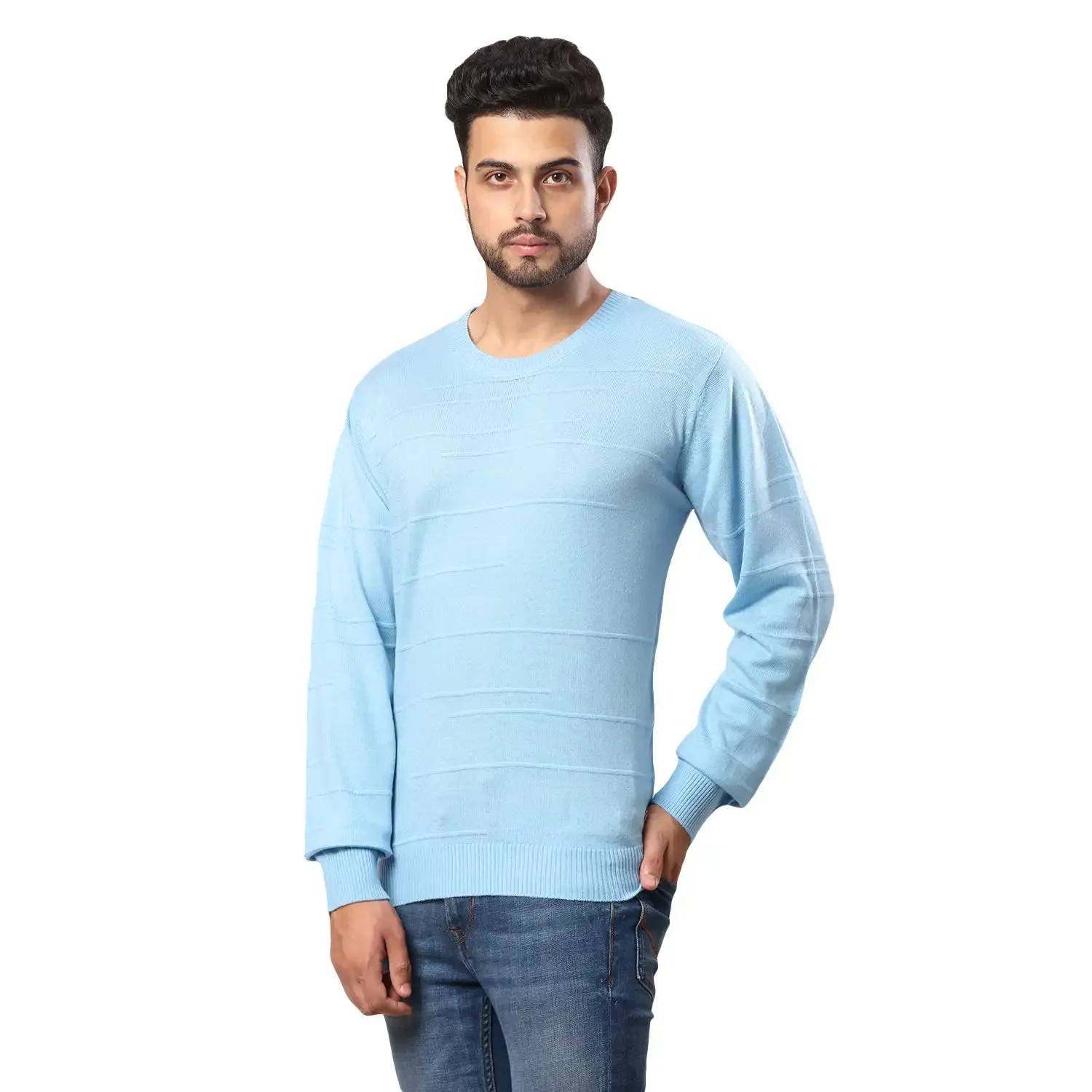 Men Blue Structure Cable Acrylic Wool Blend Full Sleeve V Neck Collar Sweaters