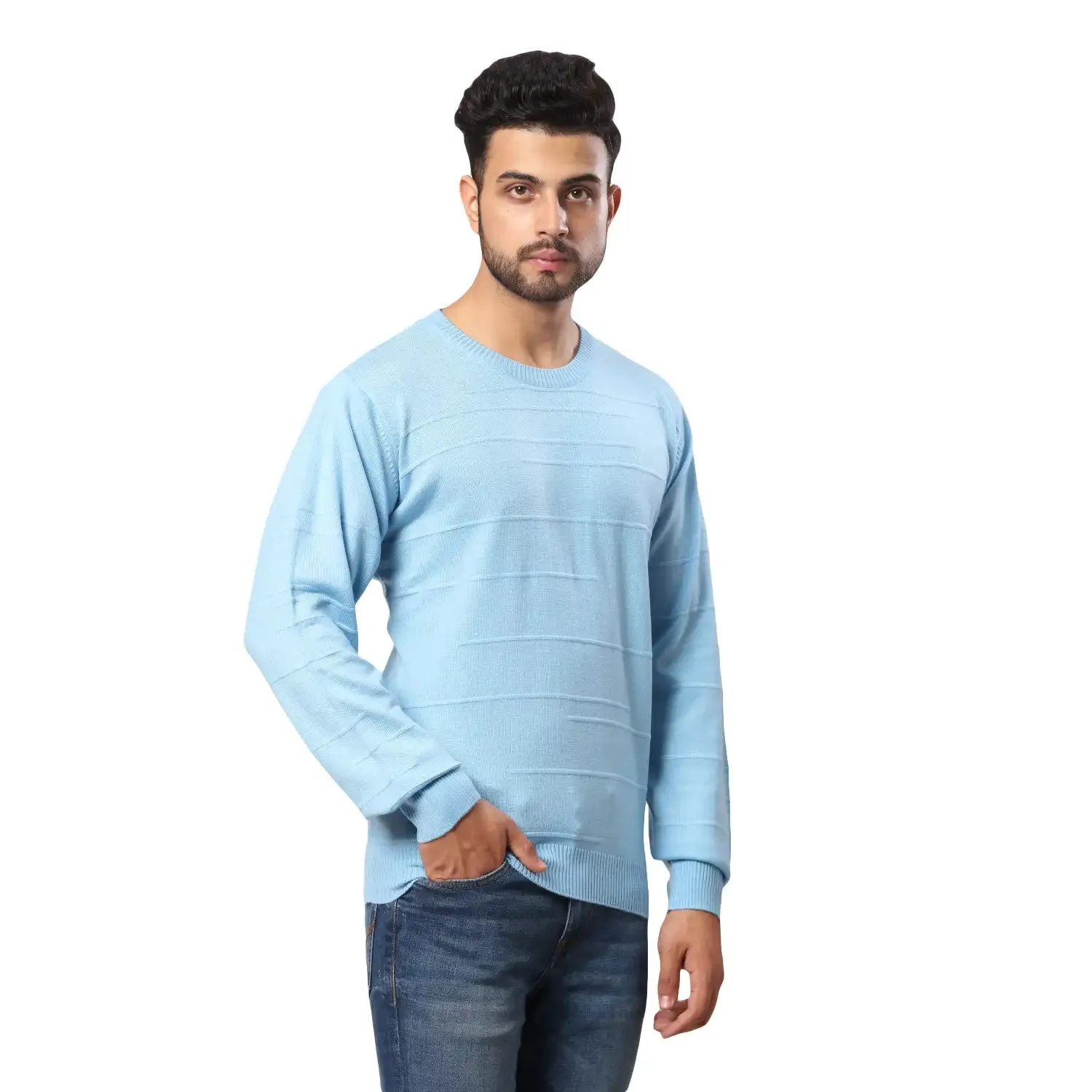Men Blue Structure Cable Acrylic Wool Blend Full Sleeve V Neck Collar Sweaters