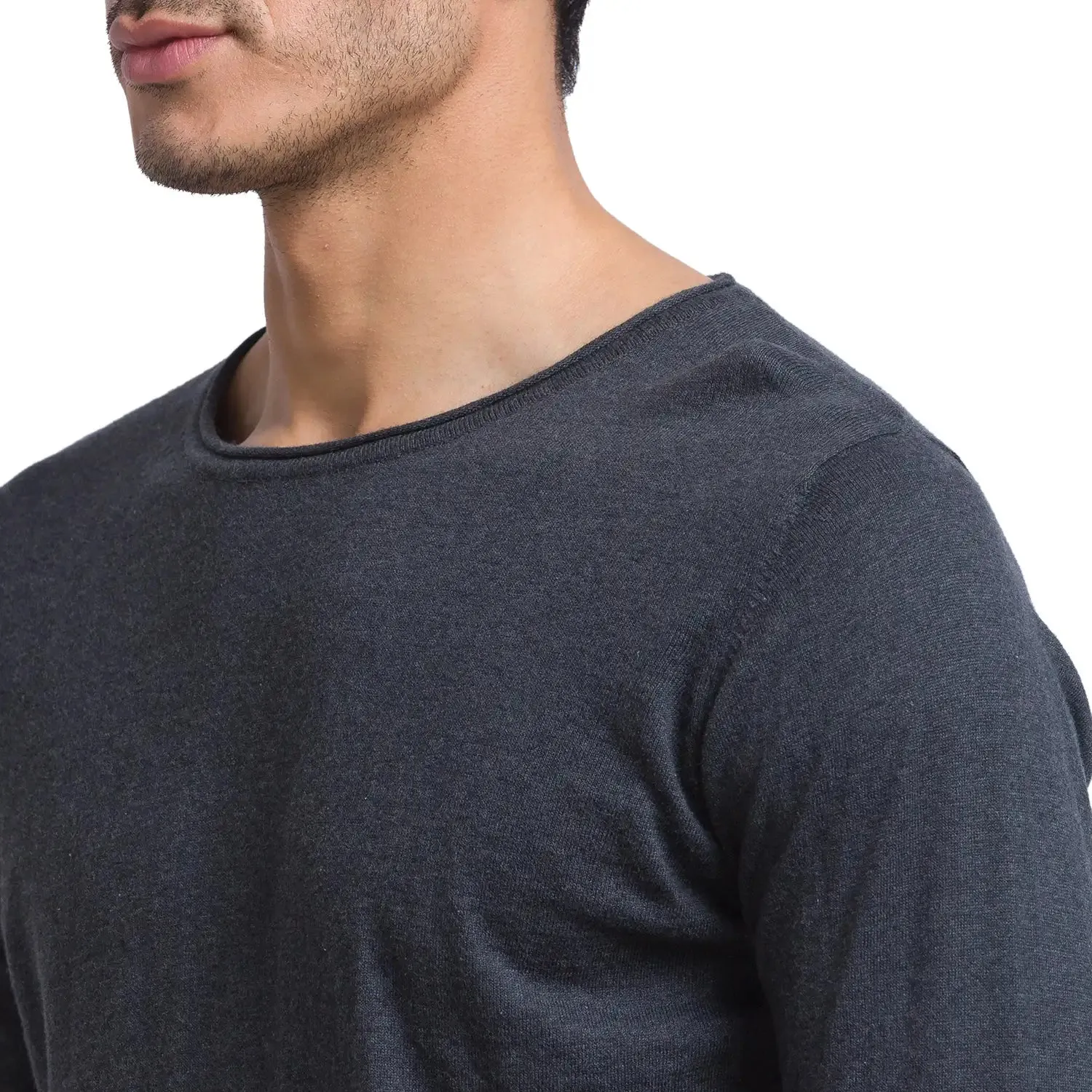 Men Grey Solid Cotton Full Sleeve Sweaters