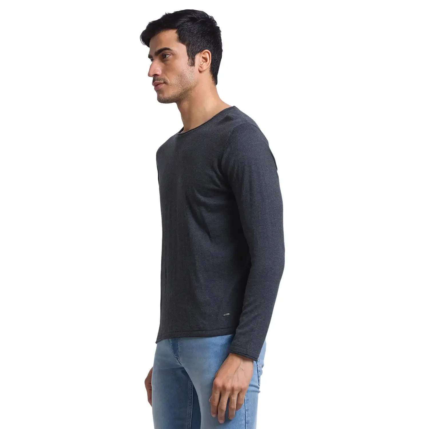 Men Grey Solid Cotton Full Sleeve Sweaters