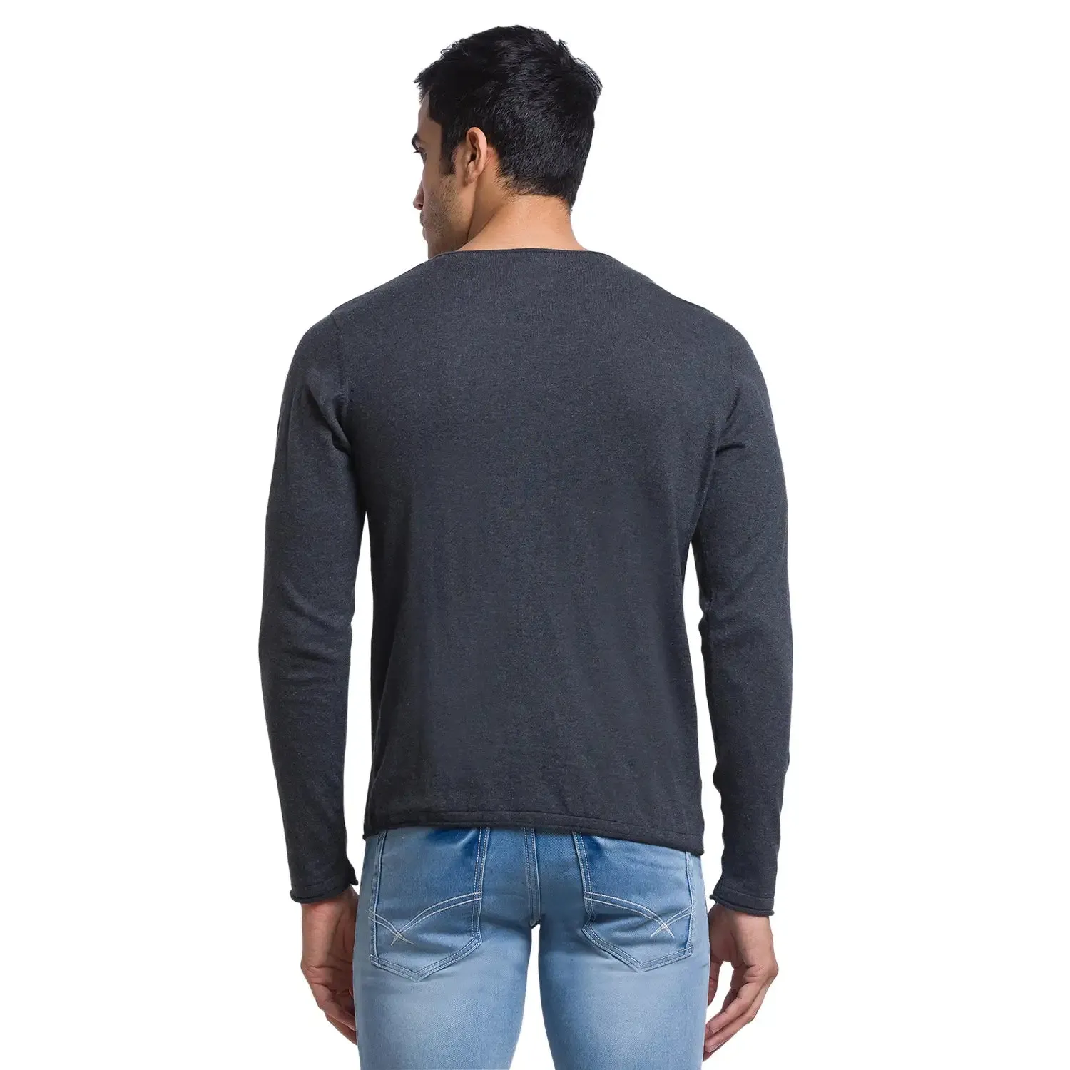 Men Grey Solid Cotton Full Sleeve Sweaters