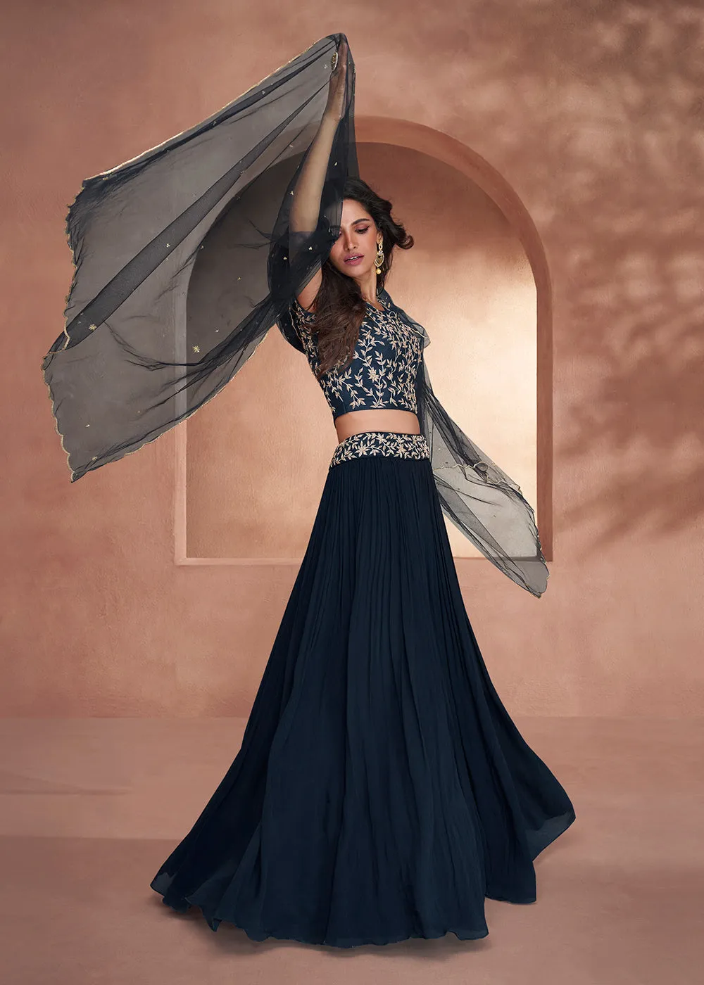Midnight Blue Premium Silk Designer Party Wear Lehenga Choli