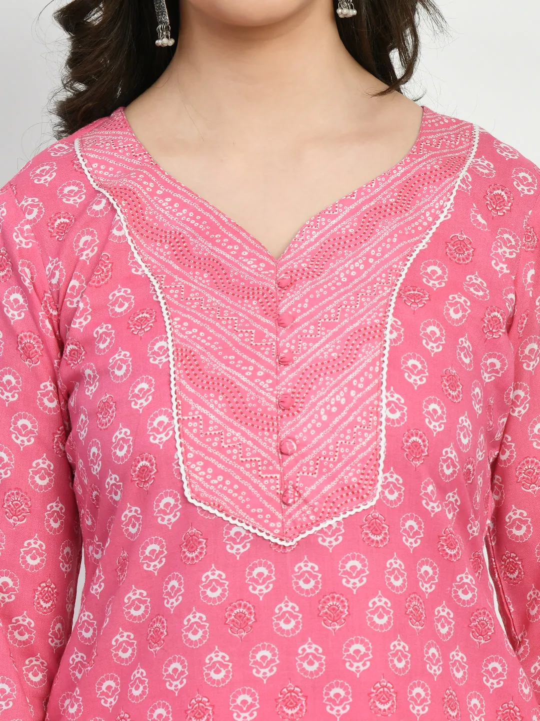 Pink  Printed Kurta Pant With Dupatta Set