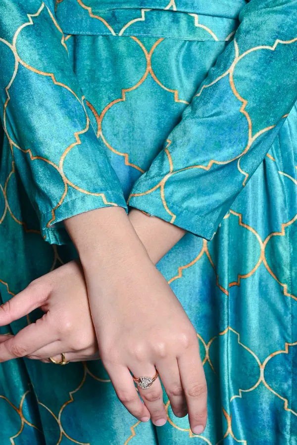 Sea Blue Moroccan Geometric Print Velvet Wrap On Dress