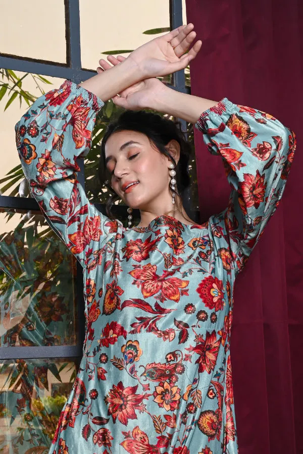 Sea Green Multicoloured Floral Print Velvet Dress