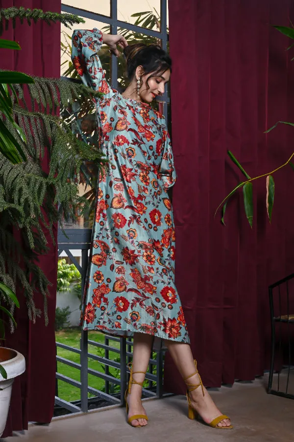 Sea Green Multicoloured Floral Print Velvet Dress