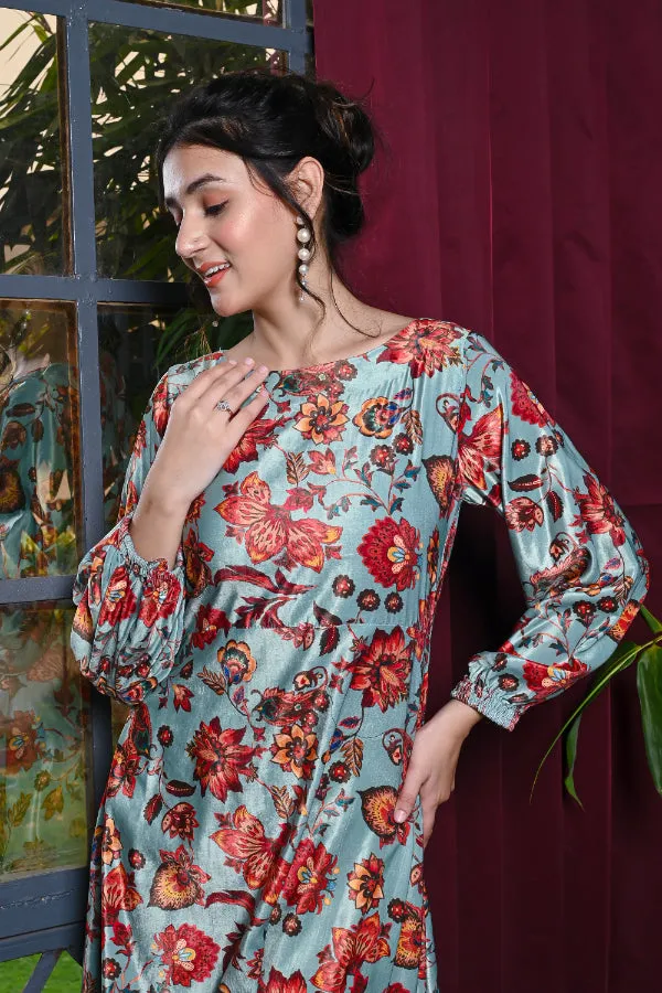 Sea Green Multicoloured Floral Print Velvet Dress