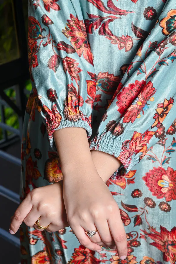 Sea Green Multicoloured Floral Print Velvet Dress