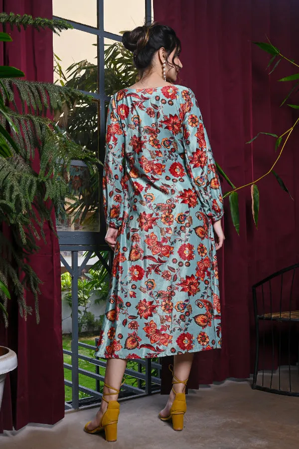 Sea Green Multicoloured Floral Print Velvet Dress