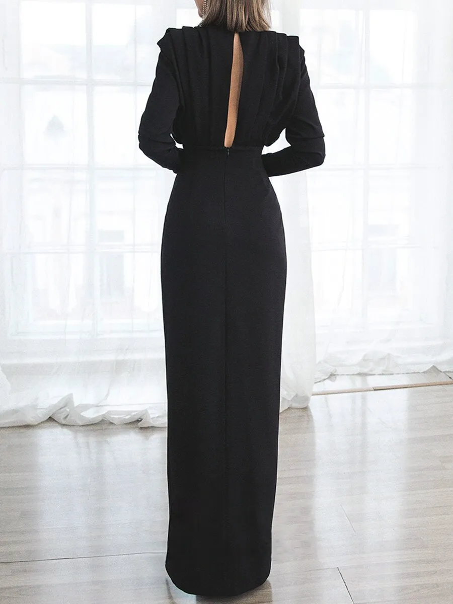 Solid color pleated split open back dress