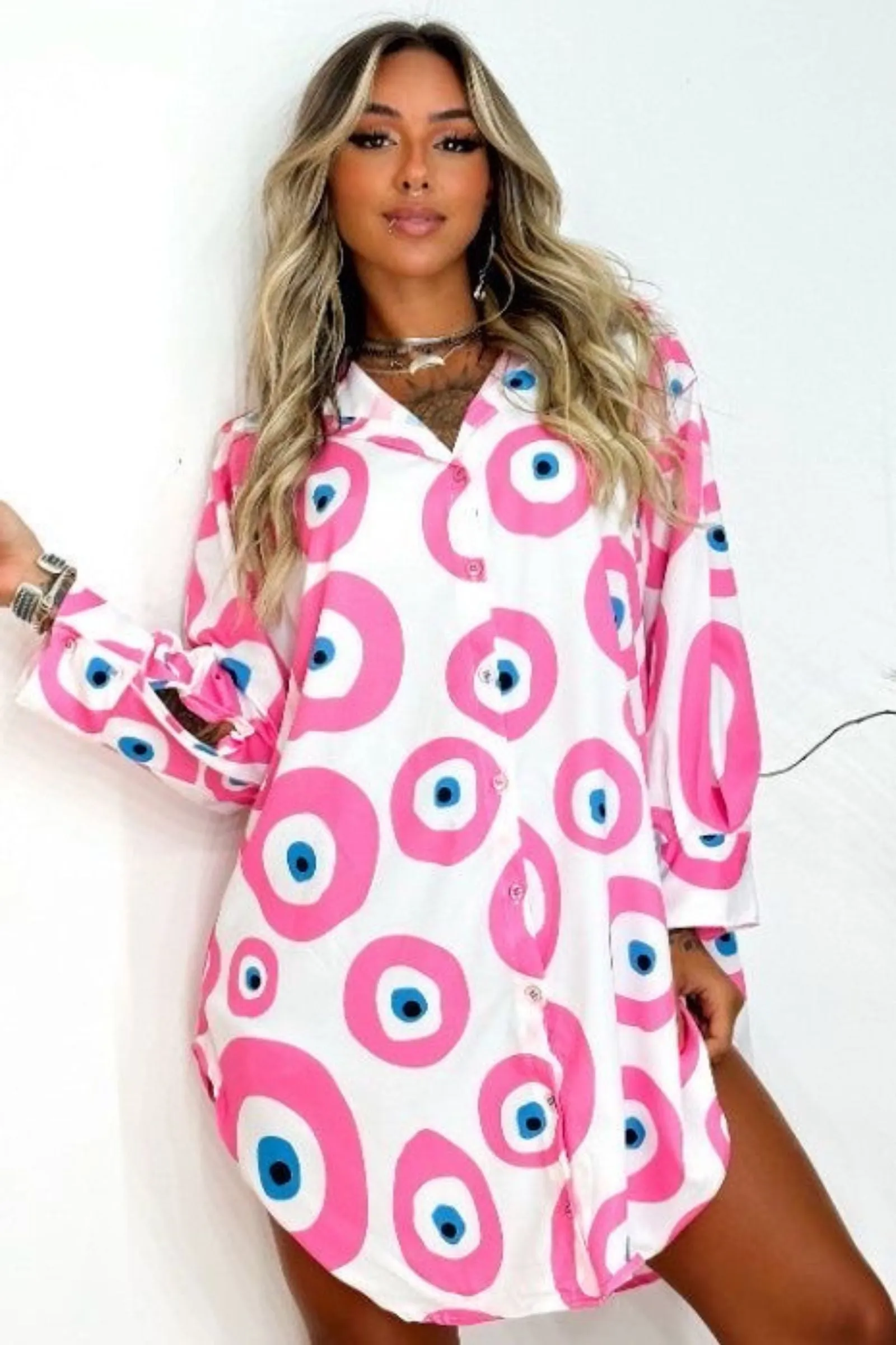 WHITE PINK EVIL EYE SHIRT