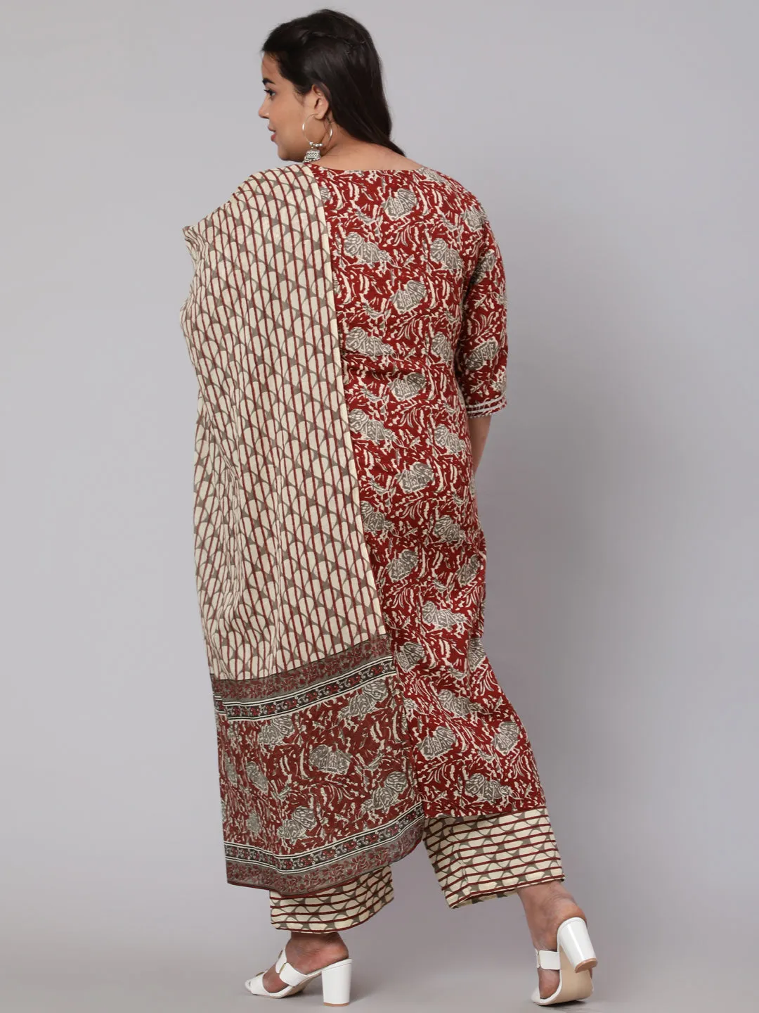 Women Plus Size  Maroon Ethnic Printed Kurta And Palazzo With Dupatta