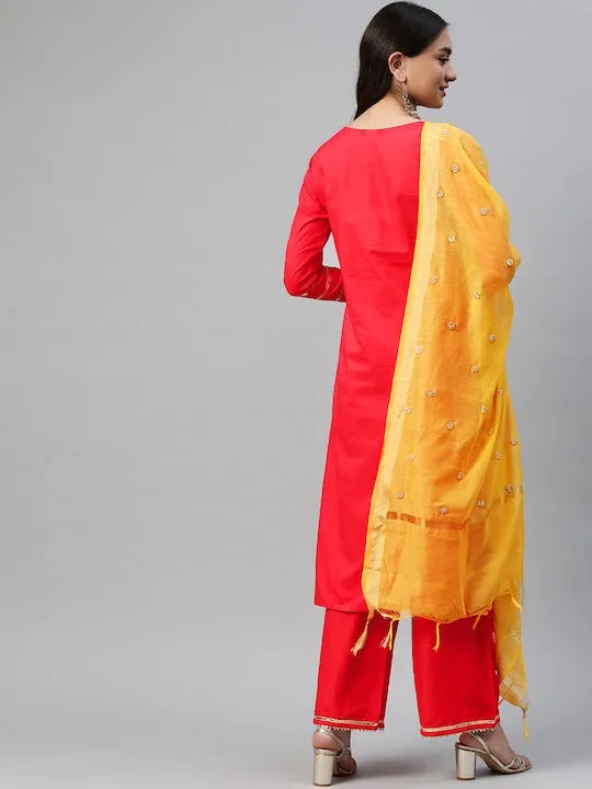 Women Red Floral Regular Pure Cotton Kurta With Palazzos & With Dupatta